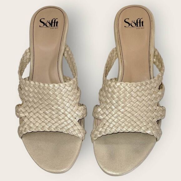 Sofft Womens Sandal Sz 10 Kitten Heel Slipon Beige Woven Leather Comfort Cushion - Picture 1 of 10